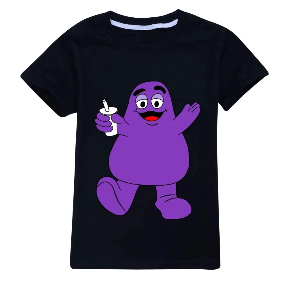 Grimace Shake Print T-shirt Girls Kawaii Kids Clothes Cute Pullover T-Shirt Children'S Clothing Summer Cotton Tops 2-16Years