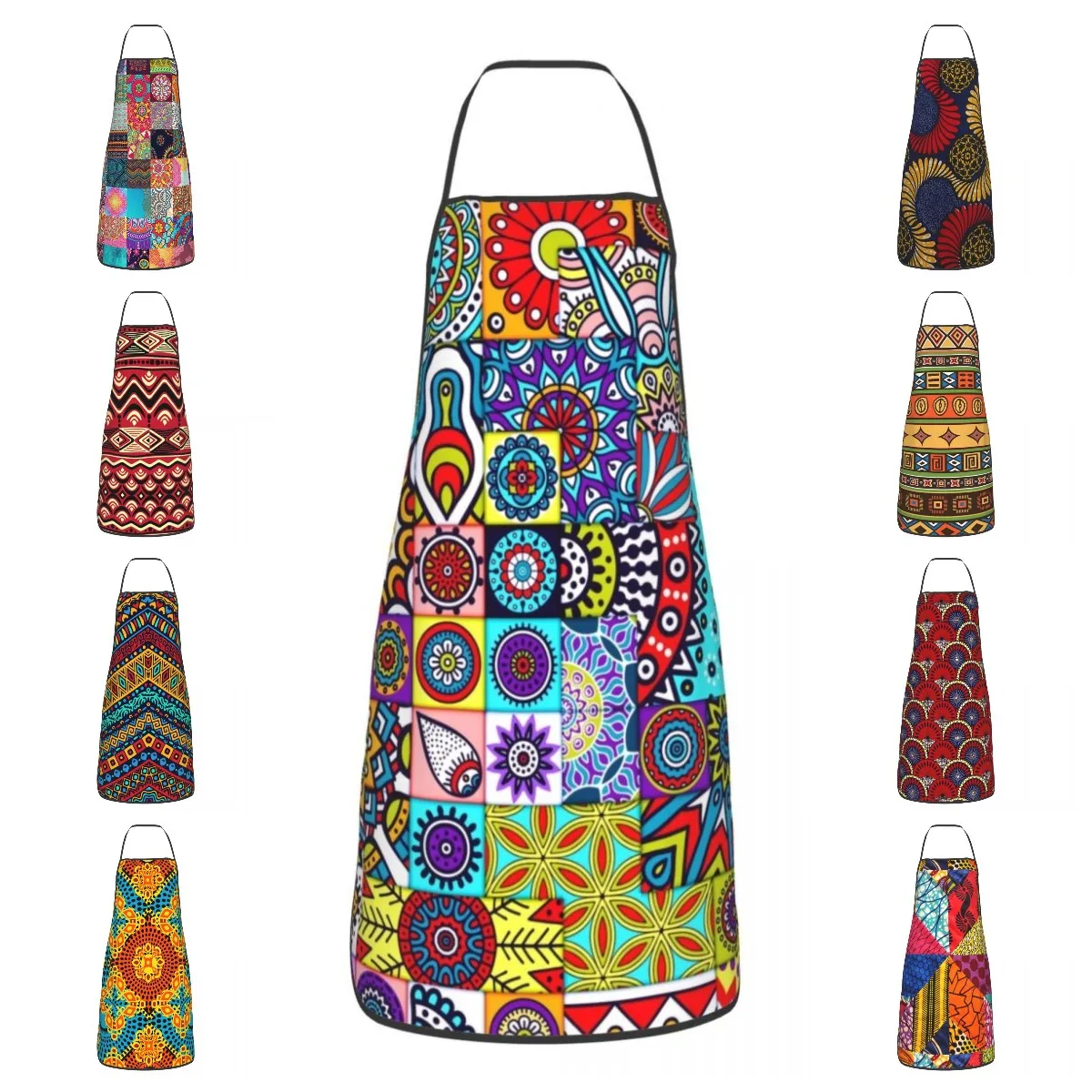 African Ethnic Geometric Floral Design Apron Adult Women Men Chef Tablier Cuisine for Cooking Kitchen Colorful Ankara Patterns