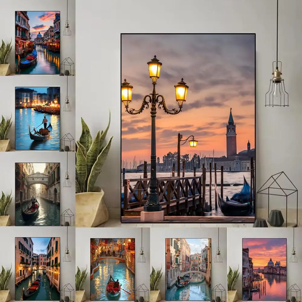 Cuadro de Lona Enmarcado HD con Pintura de Góndola en Venecia y Caligrafía, para Decoración de Dormitorio, Cafetería o como Regalo