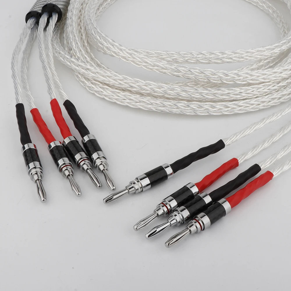 Hifi OCC Speaker Cable Flat Belt Speaker Cable with 90 Degree Banana Y Plugs Cable for Speaker Amplifier