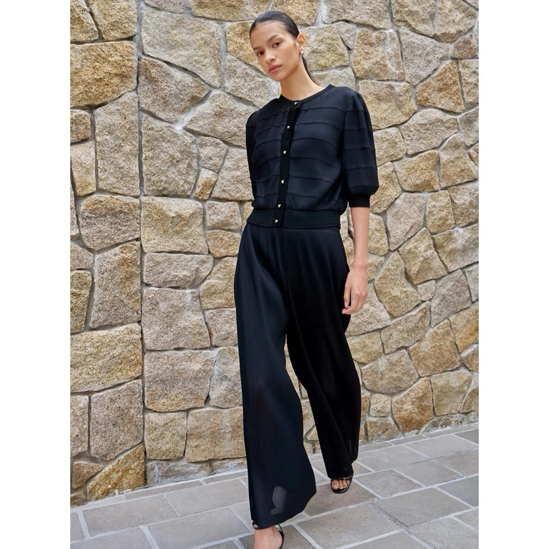 Fashionable Commute round Neck Pleated Open Cardigan Top Nine Points Wide Leg Pants Women's Loose Fit Long Sleeve Button up