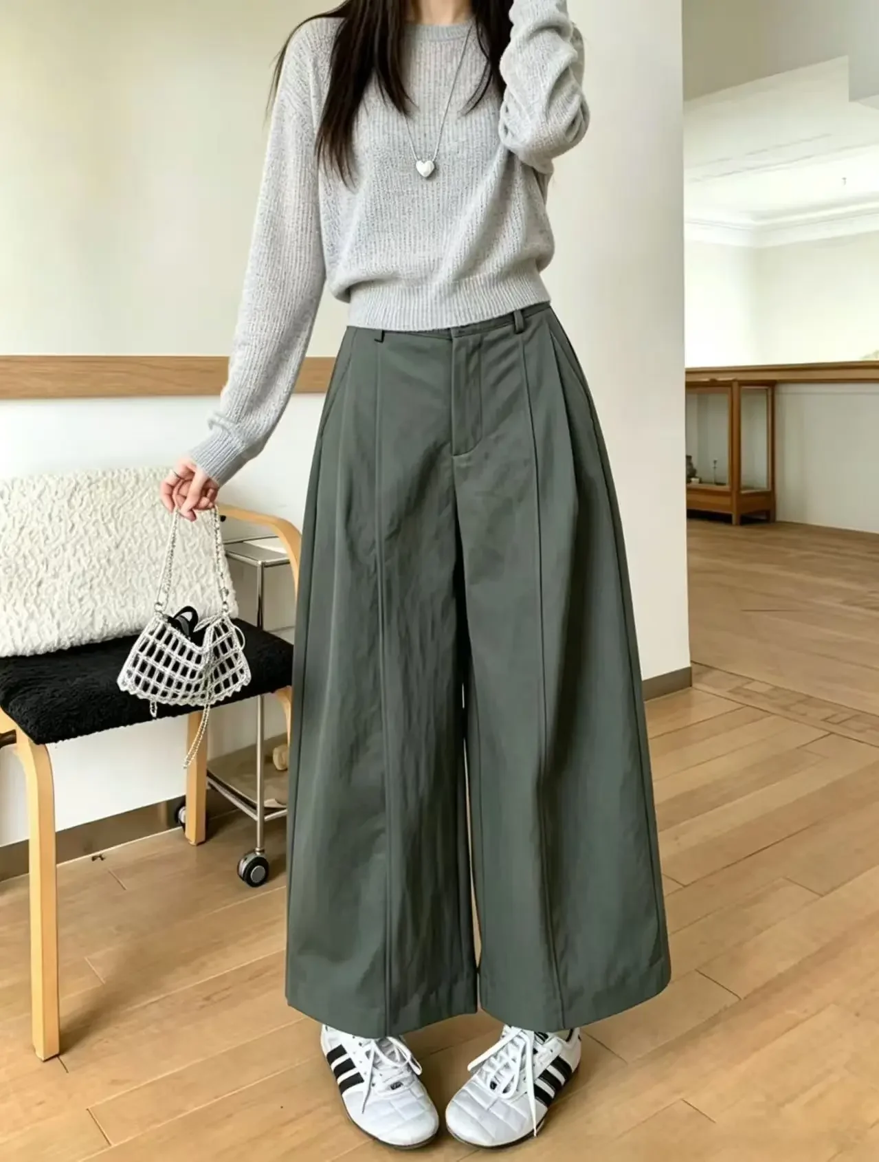 Hochwertige, lockere, vielseitige Damenhose in Khaki, koreanischer Stil, hohe Taille, gerades Bein, lässige, weit geschnittene, vielseitige Hose – Detail 5