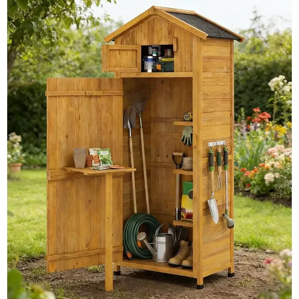 70 Tall Outdoor Wooden Storage Shed with Folding Table and Removable Shelves, Ideal for Garden, Patio, or Backyard (Natural, 30x