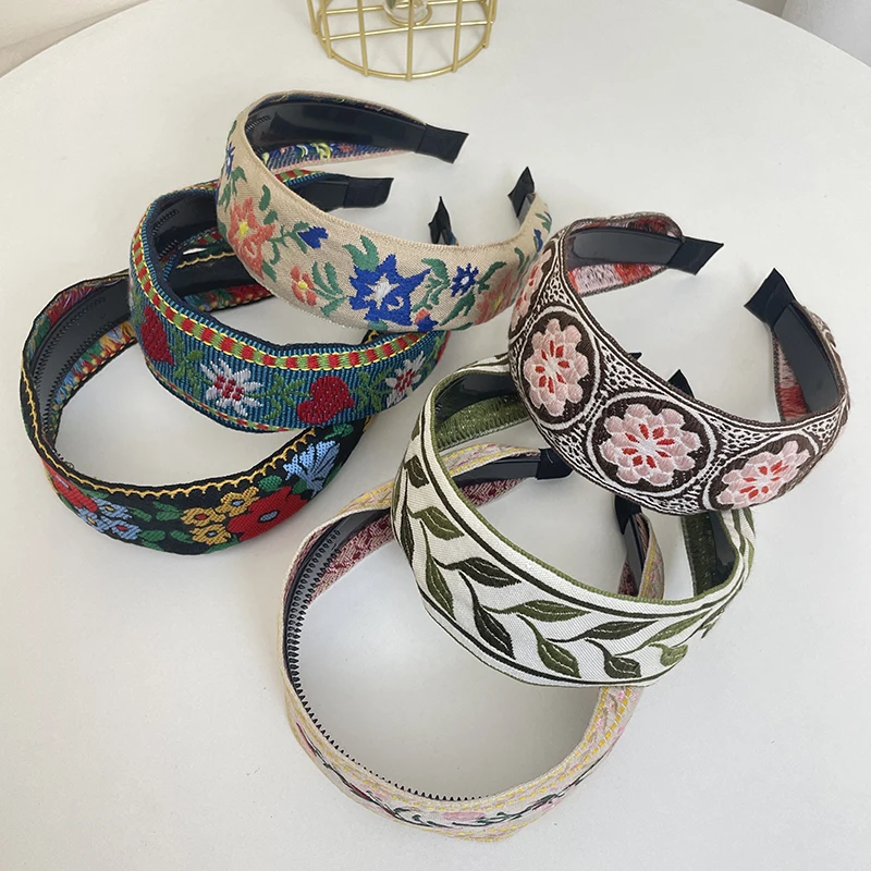 New Bohemian Style Embroidery Headband Ethnic Wide-brimmed Hair Hoop Leaf Flower Pattern Hair Accessories Headwear