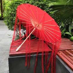 82cm Red Umbrella Ancient Tassel Flower City Cos Hanfu Antique Oil Paper Umbrella Ancient Safflower Ribbon Props Parasol