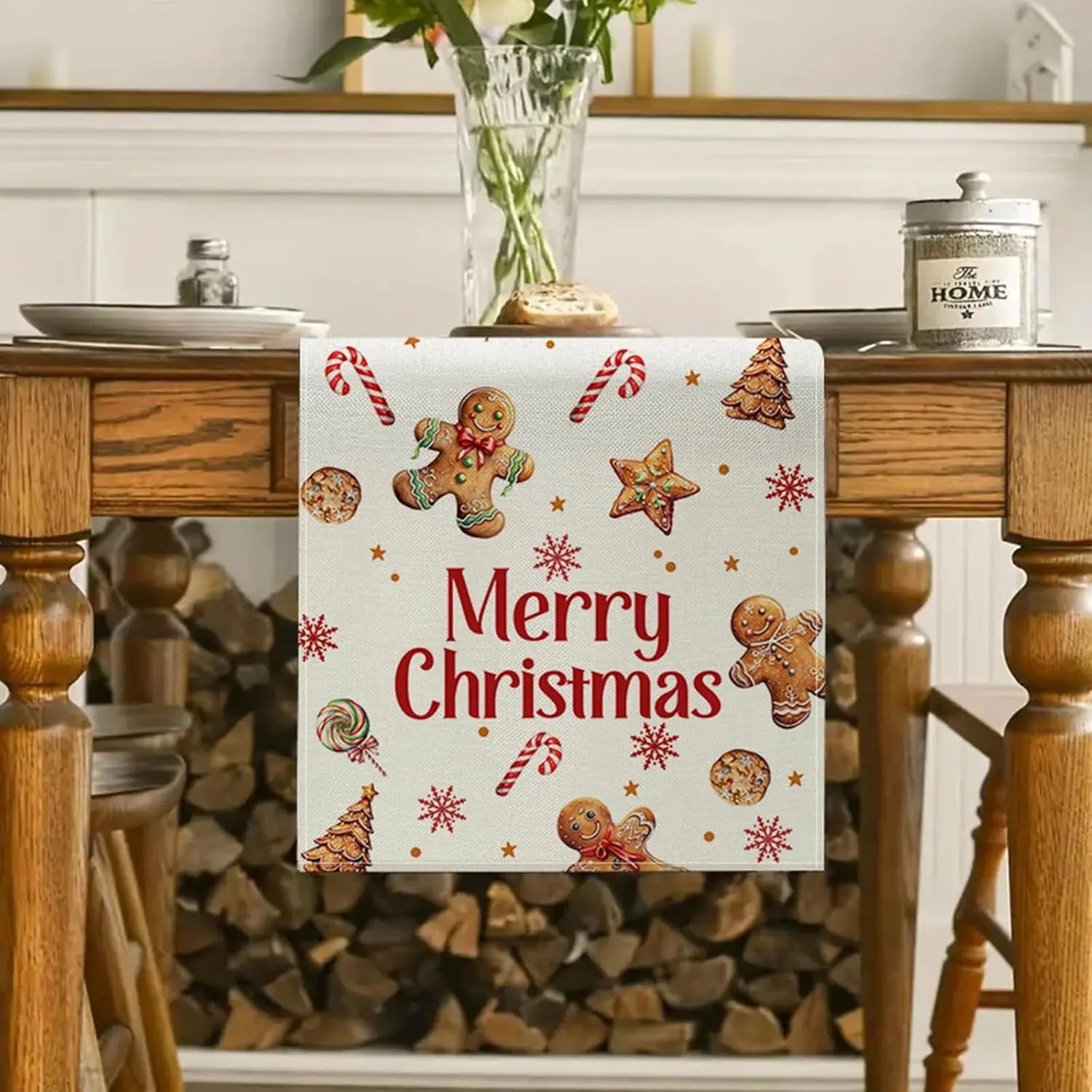 Christmas Gingerbread Snowflake Linen Table Runner Party Decor Winter Xmas Kitchen Dinning Table Runner Christmas Decorations