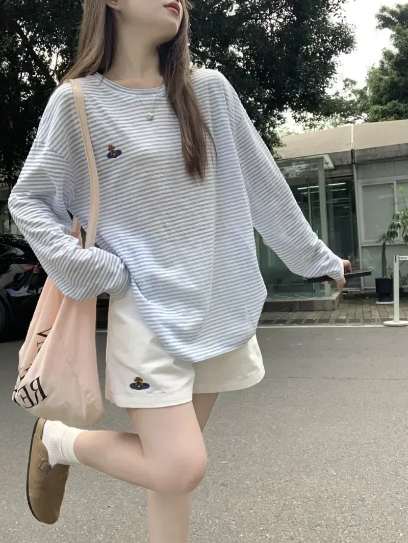 Summer Chic Women Contrast Color Blue White Striped Tees Embroidery High Street Y2k Oversize T-shirts Korean Harajuku Camisetas