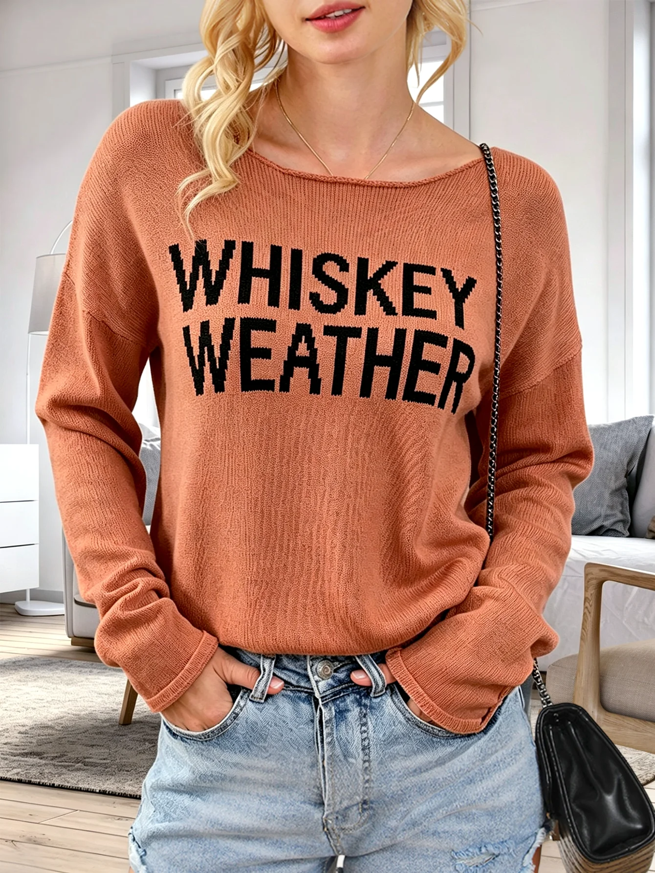 Women WHISKEY WEATHER Letter Print Sweater Loose Boat Neck Long Sleeve Knit Pullover Casual Fall Winter Warm Knitwear Jumper