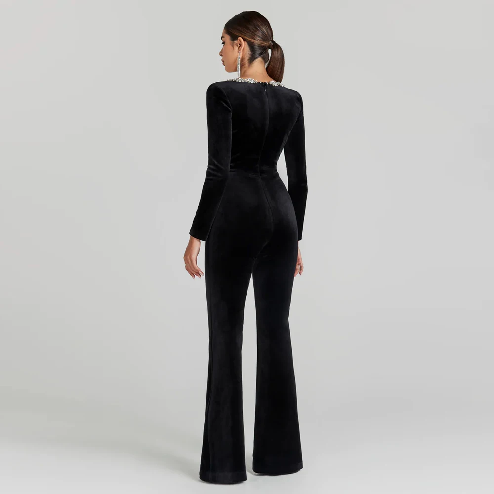 KLEEZY New Women's Sparkling Rhinestone Square Neck Jumpsuit Sexy Black Bandage Elegant Party Jumpsuit