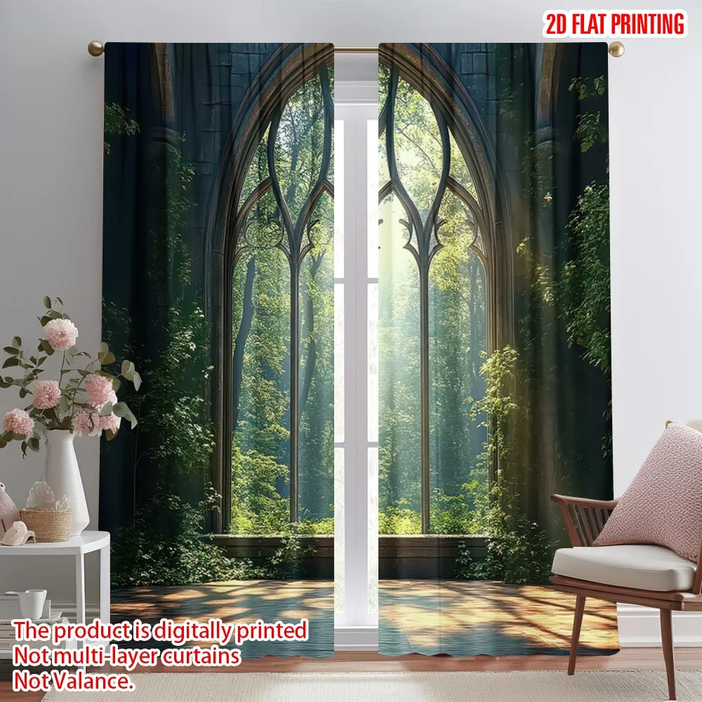 

2D flat printing 2pcs Scene Curtains Sunlit Gothic Digital Printed Polyester Drapes Family Party Decoration Perfect for Holiday