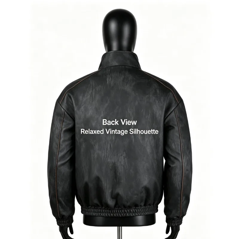 Men's Faux Leather Stand Collar Jacket Zipper Vintage Streetwear Loose Fit Autumn Daily Casual Outerwear Coat