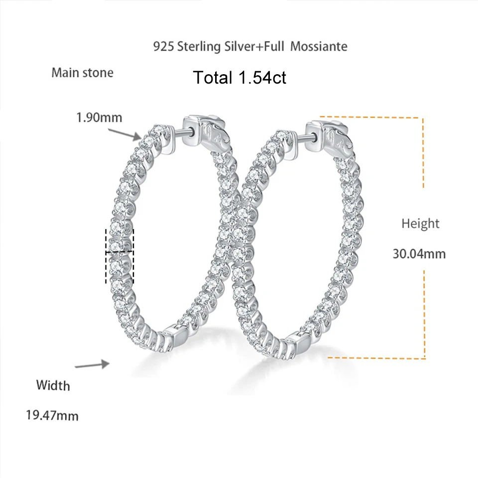 D Color Full Moissanite Hoop Earrings 100% 925 Sterling Silver Big Circle Ear Studs Sparkling Diamond Earrings For Women Gift