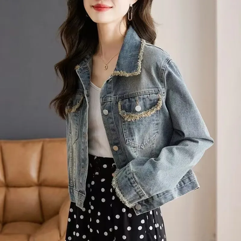 Jaket jins wanita, baju Denim lengan panjang kasual, rumbai jalanan longgar Musim Semi dan Gugur