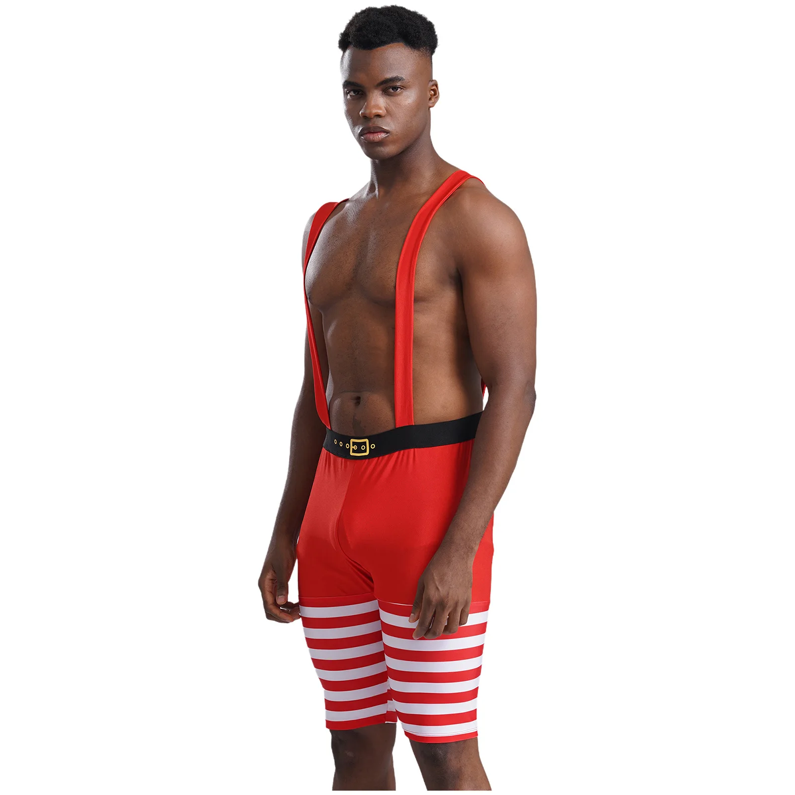 Mens Christmas Striped Suspender Shorts Wide Shoulder Straps Wrestling Singlet Short Jumpsuit New Year Carnival Party Clubwear