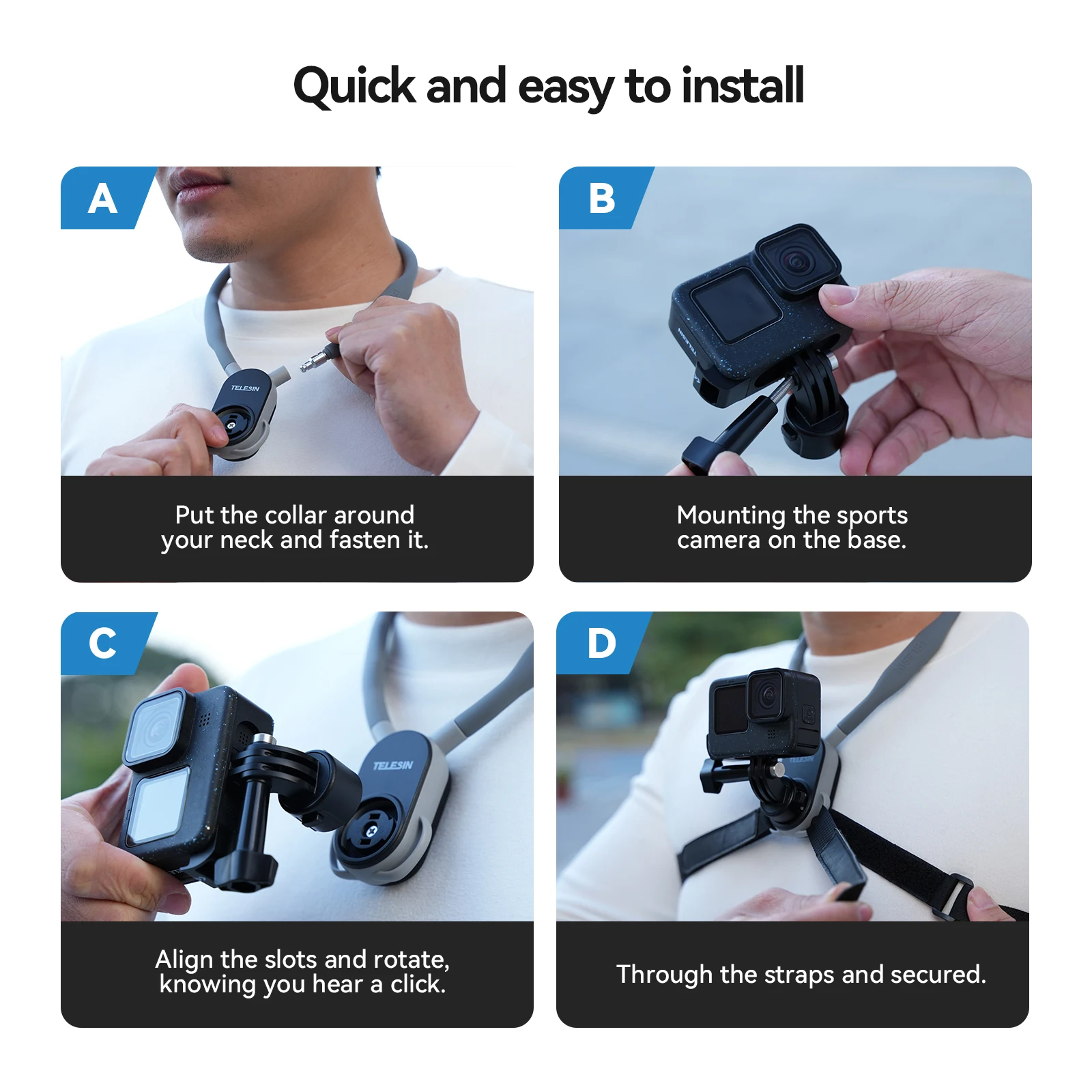 TELESIN Quick Release Silicone Neck Mount Magnetic Hold for GoPro Hero 12 Insta360 DJI Osmo Action 4 Action Camera Accessories