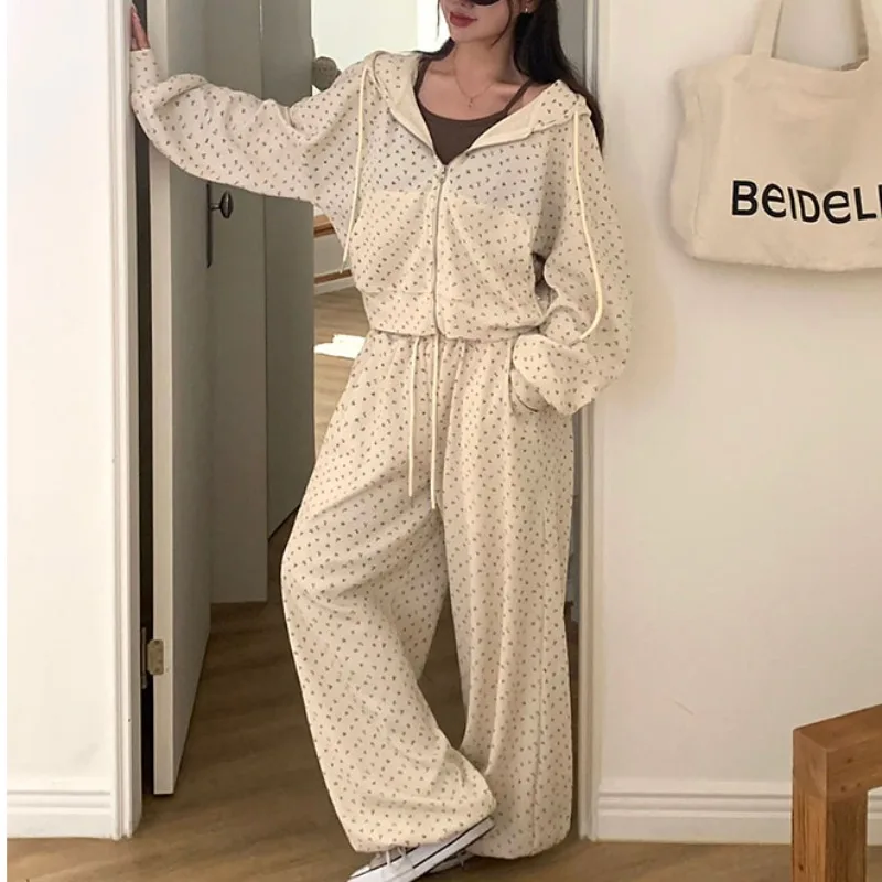 Coreano chique casual floral impressão suor superior solto calças de perna larga bot conjunto de duas peças feminino faion outfit inverno wear