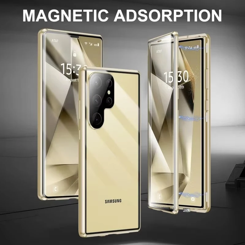 

360° Metal Double Sided Glass Snap Lock Phone Case For Samsung Galaxy S24 S23 S22 S21 Ultra Plus S23 FE Lens Protection Cover