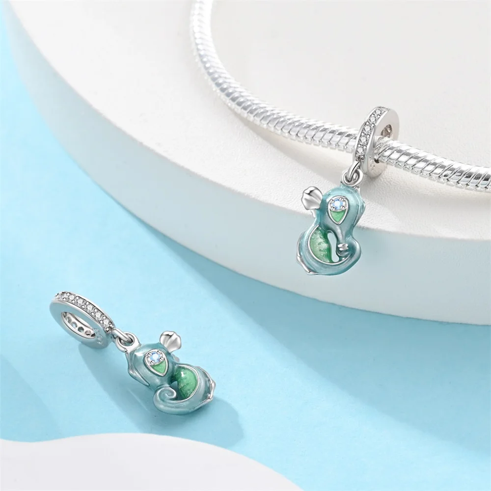 Classic 925 Sterling Silver Blue-Green Cartoon Seahorse Charm Fit DIY Bracelet Necklaces Women's Daily Cute Jewelry Accessories