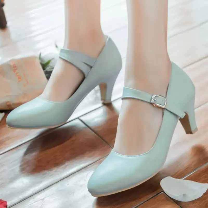 

Women's High Heels Mary Janes Shoes Fashion Pink Black Blue Nude Short Heeled Party Wedding Shoes Female Dress Pumps Big Size 45