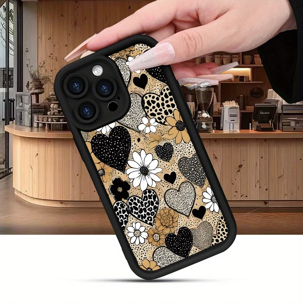 

Leopard print heart-shaped flower phone case for iPhone 16 15 14 13 12 11 Pro/ Max/Plus shock-proof rear cover anti-fingerprint