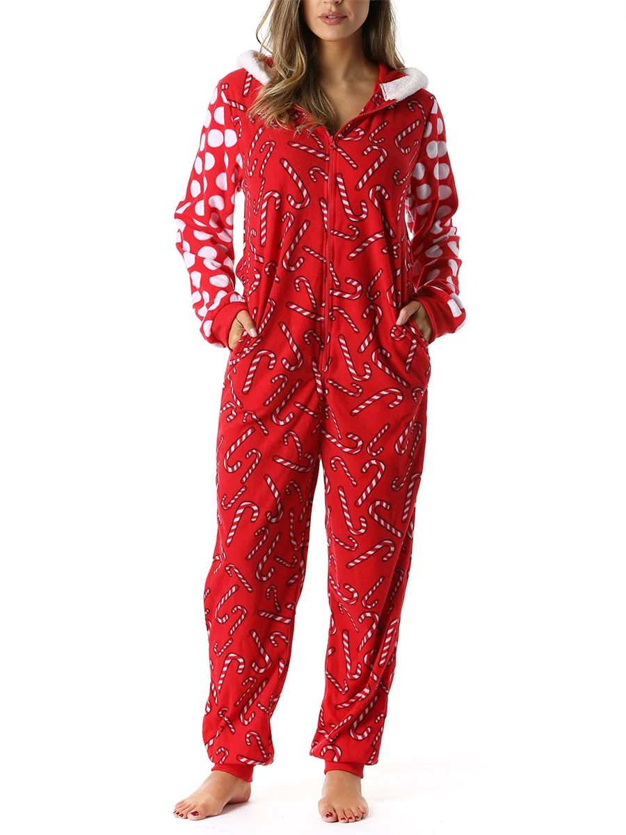 Women\'s Christmas Pajamas Romper Long Sleeve Zip Up Hooded Jumpsuit Sleepwear Holiday Costume