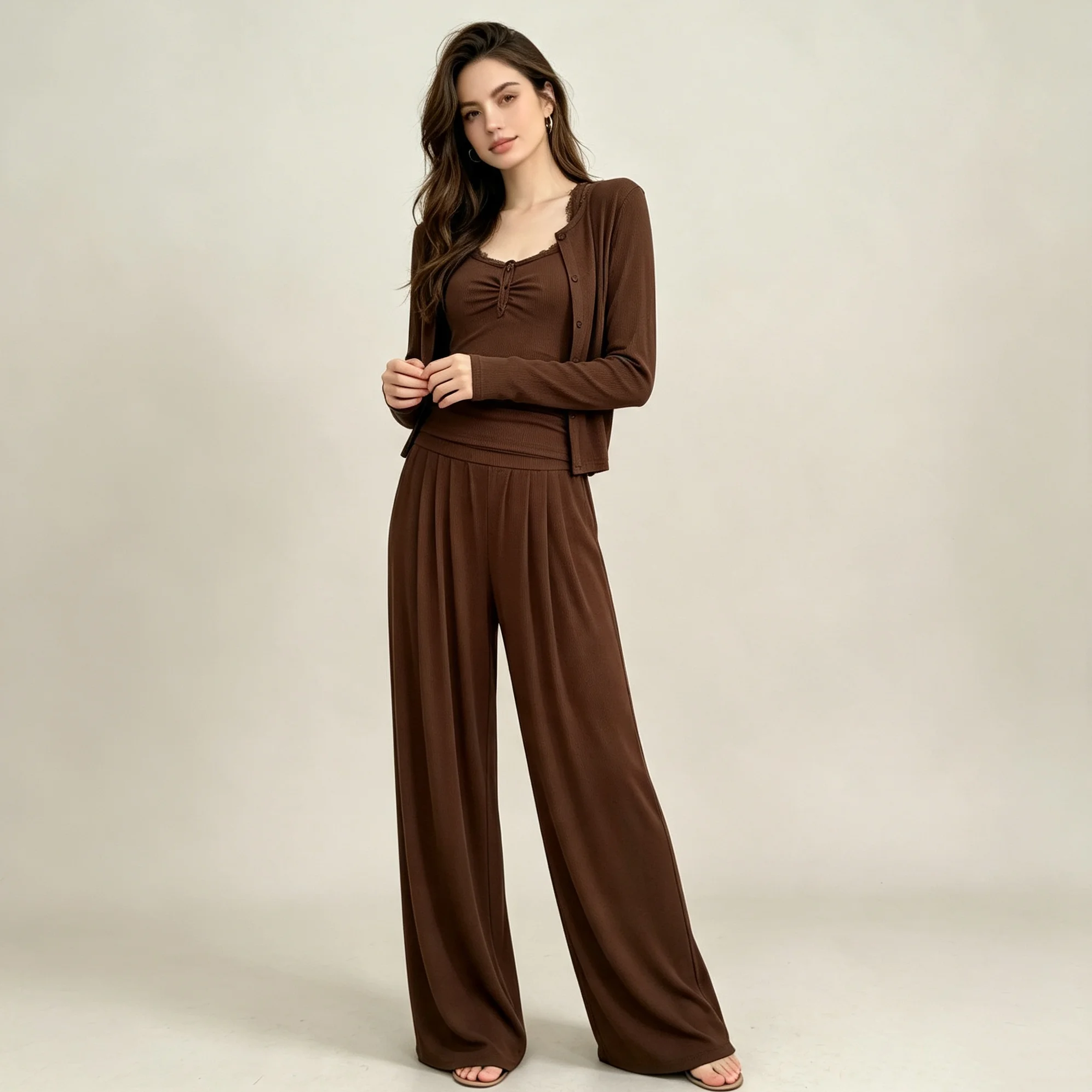 RU Lace Trim Cami Cardigan Wide Leg Pants Three Piece Set Ribbed Slim Outfit Lazy Elegant Loungewear Suitable For Daily Wear
