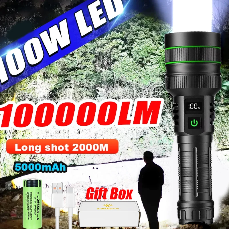 

New Powerful Super Long Range LED Flashlight Type-C Charging Strong Light Tactical Torch Lamp Outdoor Camping Lantern Waterproof