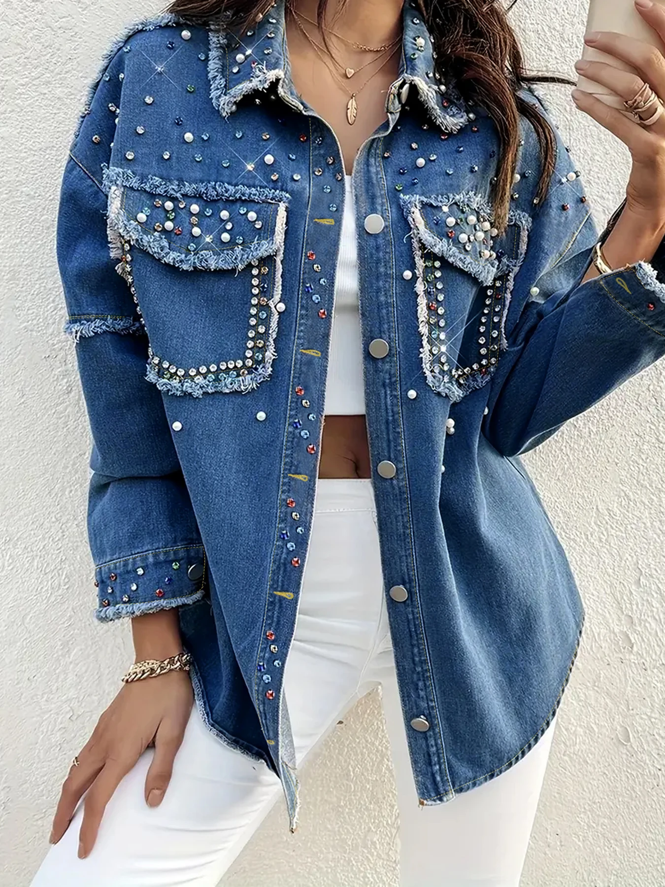 Veste en jean ample pour femme, grande taille, avec strass et perles, décontractée, délavée, grande taille