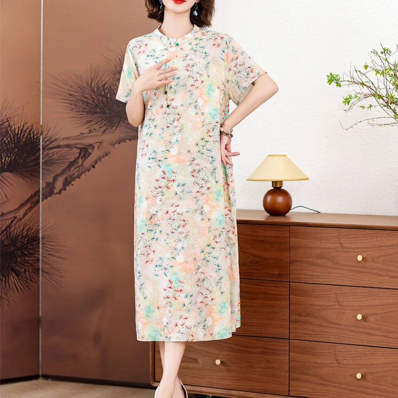 فساتين صيفية جديدة لعام 2025 للنساء برقبة دائرية فستان شاطئ بوهو مطبوع عليه زهور فستان صيفي طويل بأكمام قصيرة