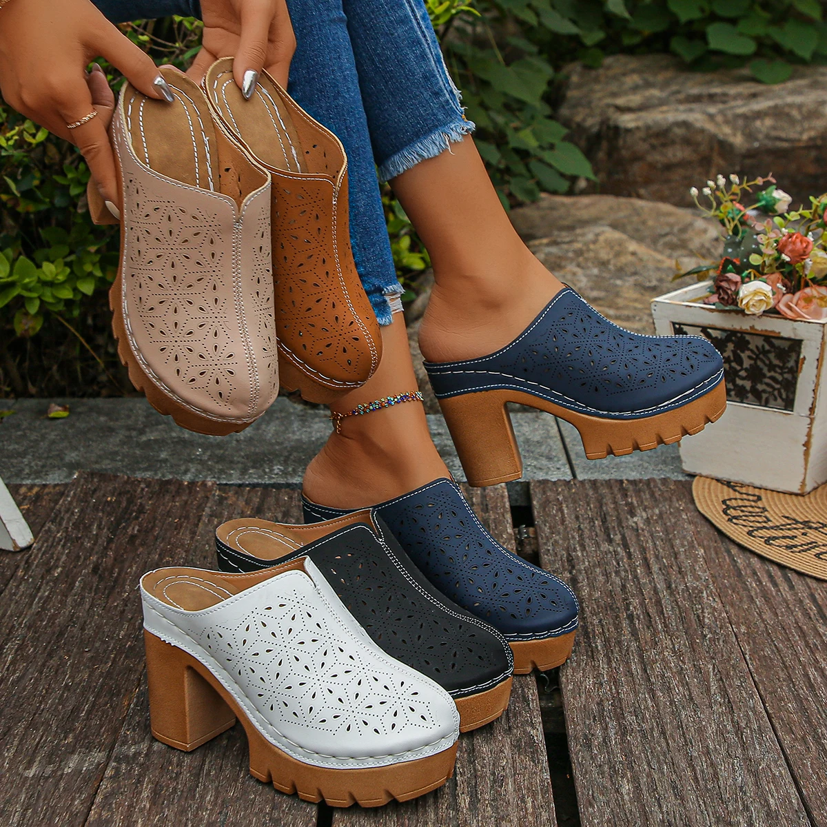 

Women's High-heeled Non-slip Leisure Baotou Slippers 2025 Summer Thick Heel Retro Roman Style Round Head Comfortable Slippers