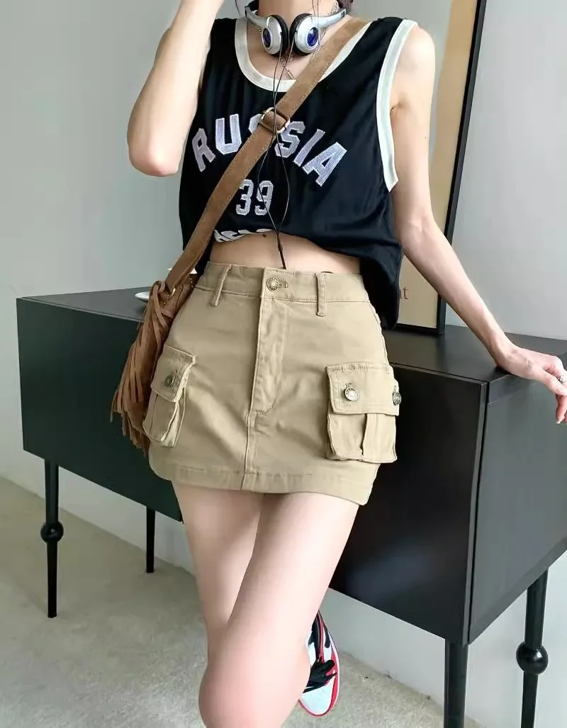 Cowboy-Midirock mit hoher Taille und amerikanischem Khaki-Farbton, kurzer Sommerrock im „Spicy Girl“-Stil, figurbetonter Rock für den Arbeitsalltag. – Detail 6