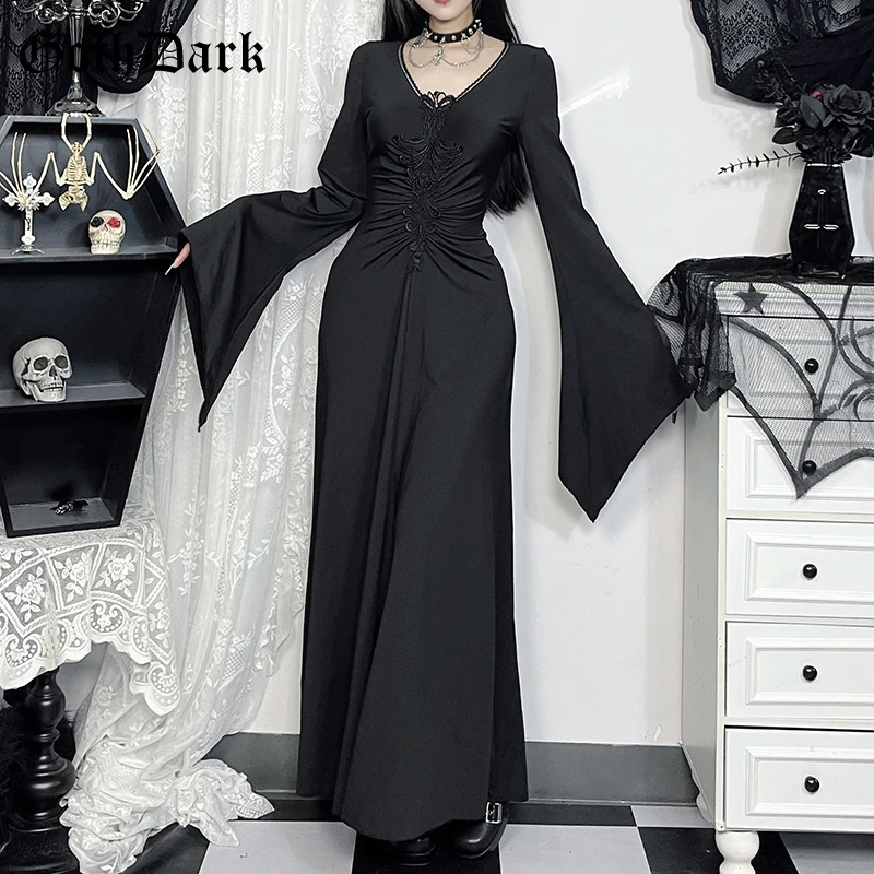 

Goth Dark Autumn Winter Maxi Dresses Mall Gothic Witch Embroidery Party Gown Grunge Women Elegant Pleat Dress Alt Slim Vestido