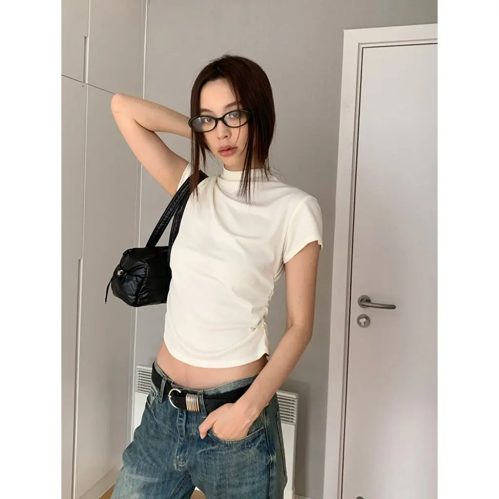 

Dorothy Women's Slim-fit T-Shirt Multi-color High Neck Short-Sleeve Pleated High Quality Summer Top