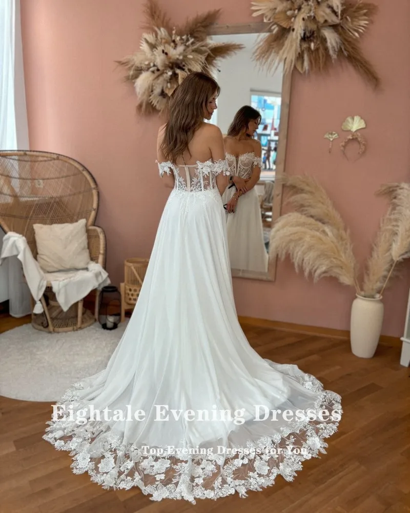 Eightale Boho Wedding Dress Chiffon Customized Off Shoulder Lace Appliques Backless White Ivory Bridal Gown Vestido De Noiva