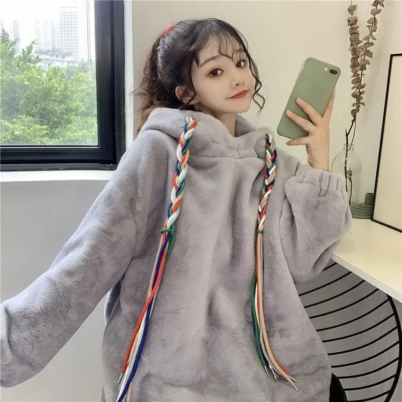 

Korean Style Oversized Fleece Thick Warm Hooded Sweatshirts Casual All-Matched Chic Pullovers Fall Winter Lambwools Hoodies