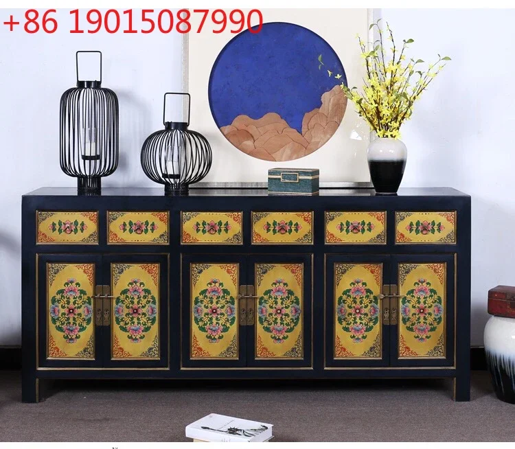 

New Chinese solid wood painted dining side cabinet hand painted decorative cabinet neoclassical antique partition cabinet