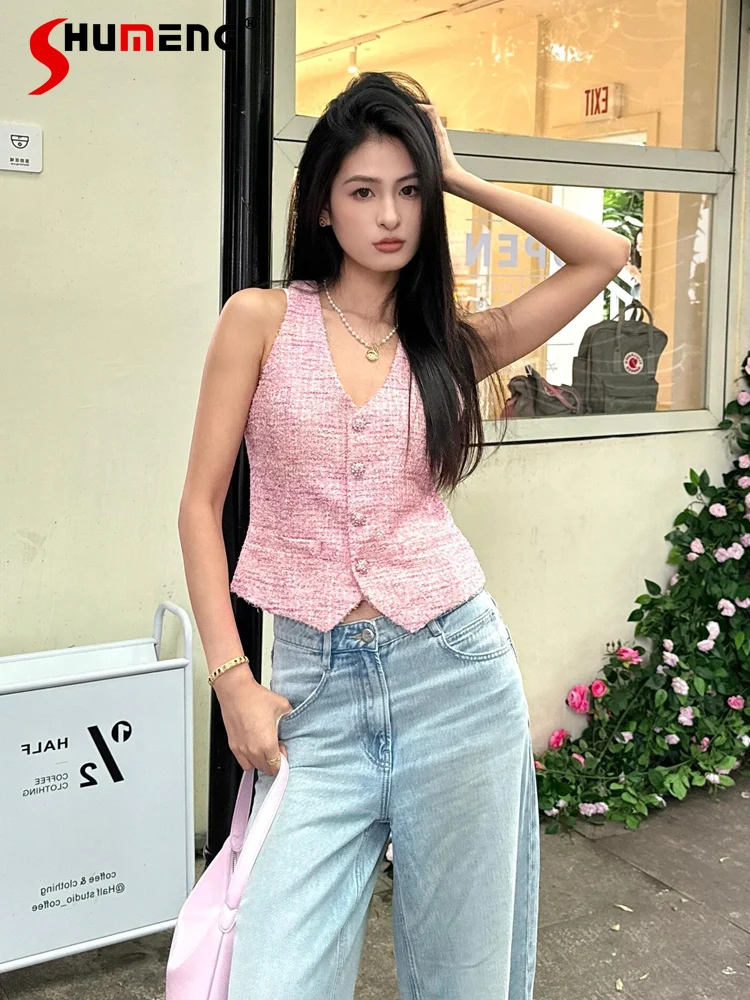 Small Fragrant Sleeveless Waistcoat Vests Women's 2024 Summer Chic Outer Wear Sweet Top Fashion Single Row Multi-Buckle Camisole