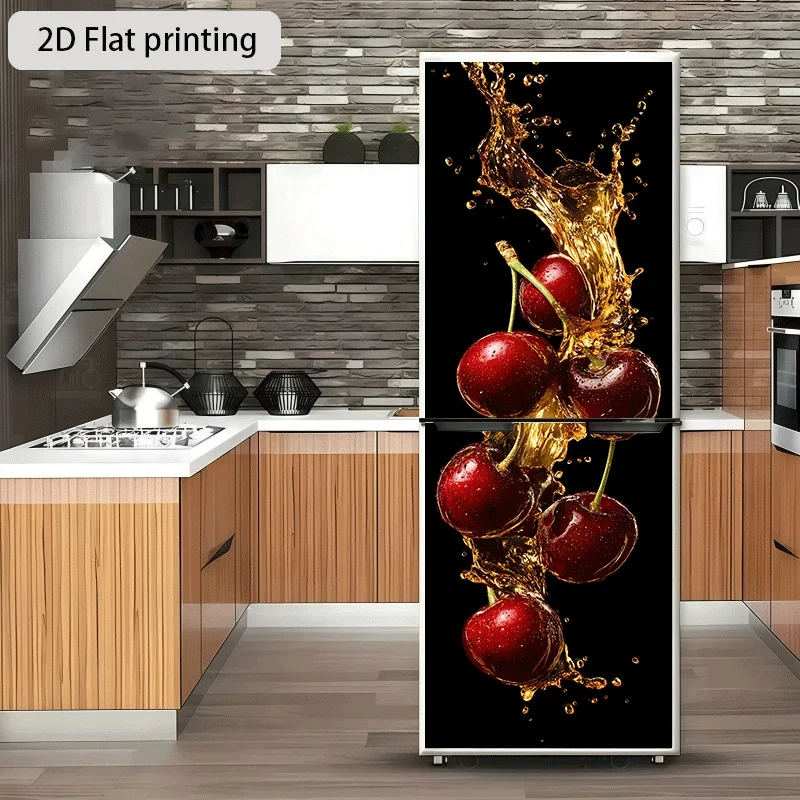of 2D Flat Printed Refrigerator Sticker,, Featuring a Cherry Juice Splash Theme Design. Self-Adhesive Wall Decoration Suitable