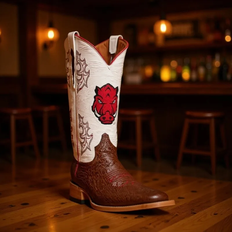 Men's White Brown Embroidered Western Cowboy Boots Square Toe with Razorback Mascot Detail for Game Day Rodeos Bold Country