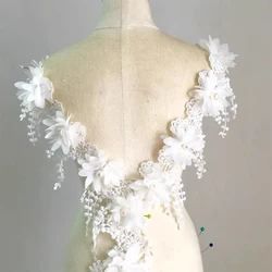 White 3D Chiffon Rose Lace Fabric Flower Pearl Beads Wedding Decor Lace Ribbon DIY Craft 8.5cm Wide