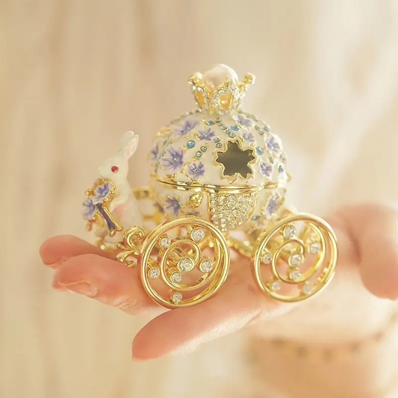 Rabbit Carriage Cloisonné Enamel Jewelry Box Handmade Vintage Rings Storage Boxes Home Decor