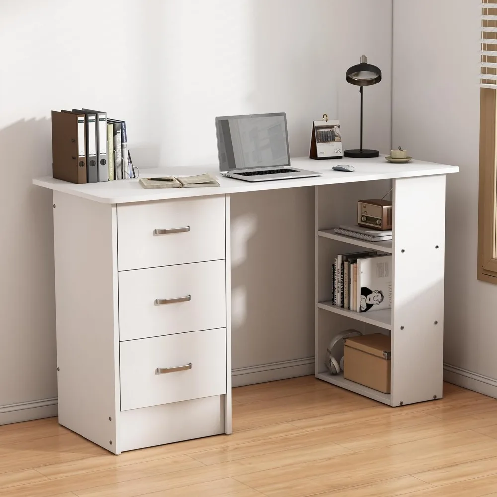 Computer Desk with Drawers,Standing Desk with Storage Racks,Writing Desk for Home Office or Bedroom (White)