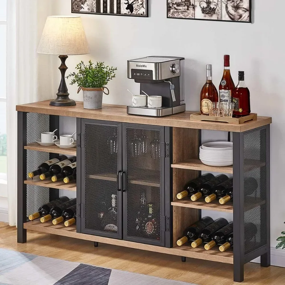 Industrial Wine Bar Cabinet for Liquor and Glasses, Farmhouse Wood Coffee Cabinet with Wine Rack, Metal Sideboard and Buffet