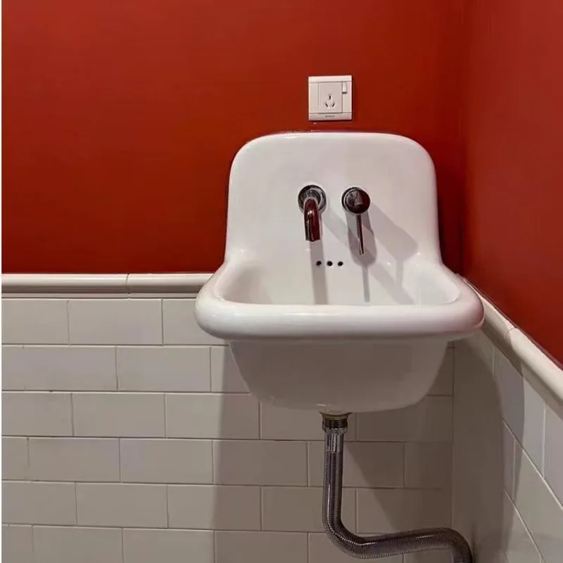 Wall-mounted retro ceramic wash basin, bathroom, balcony, ultra-deep washbasin, wall faucet basin