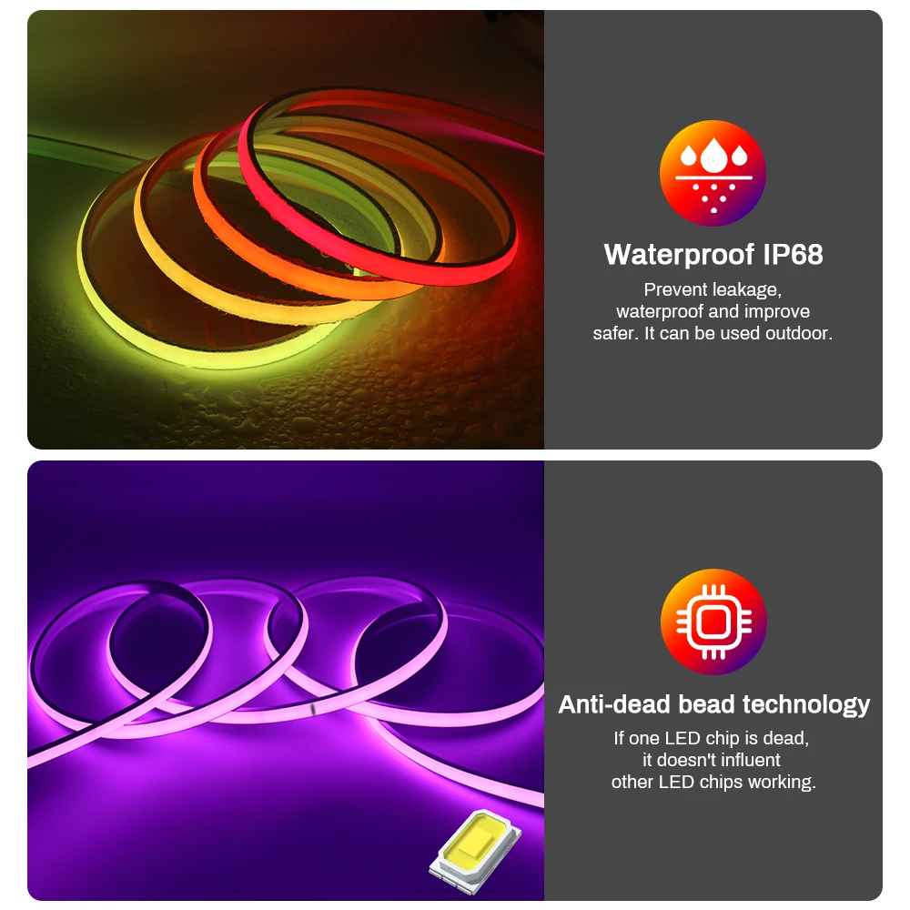 Imagem -03 - Sonho Cor Cob Fita Led Strip Alta Densidade Flexível Regulável Cor Completa ic Ip68 Ws2811 Água Correndo