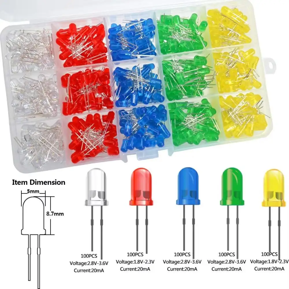 

500 pcs (5*100) 5mm LED Light Emitting Diode Assortment Kit Low Voltage Diffused Diode for DIY PCB Circuit Indicator Lights