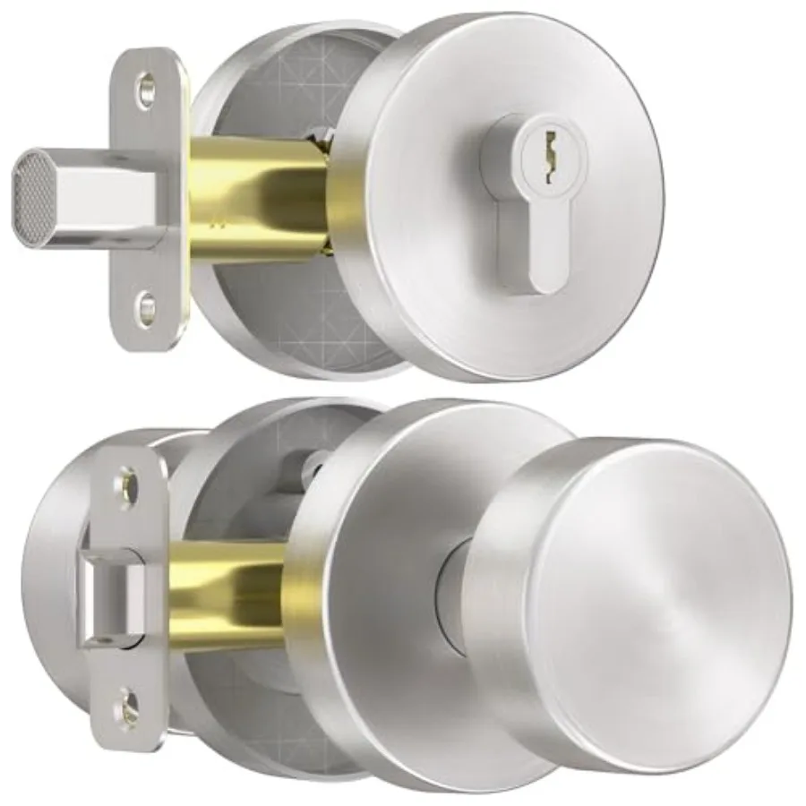 

Exterior Door Knob with Single Cylinder Lock, Round Entry Door Knob with Locks, Front Door Lock Set, Satin Nickel Front Door Ha