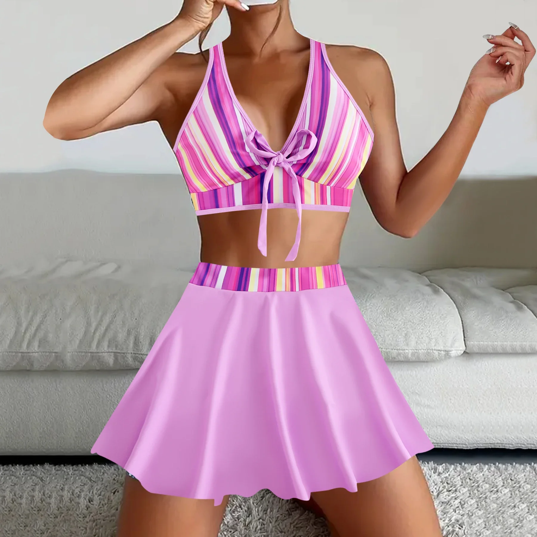 Floral Print Patchwork Black 2 Piece Set Tankini, Round Neck High Waist Stretchy Swimsuits, Women's Summer Bikini Beachwear