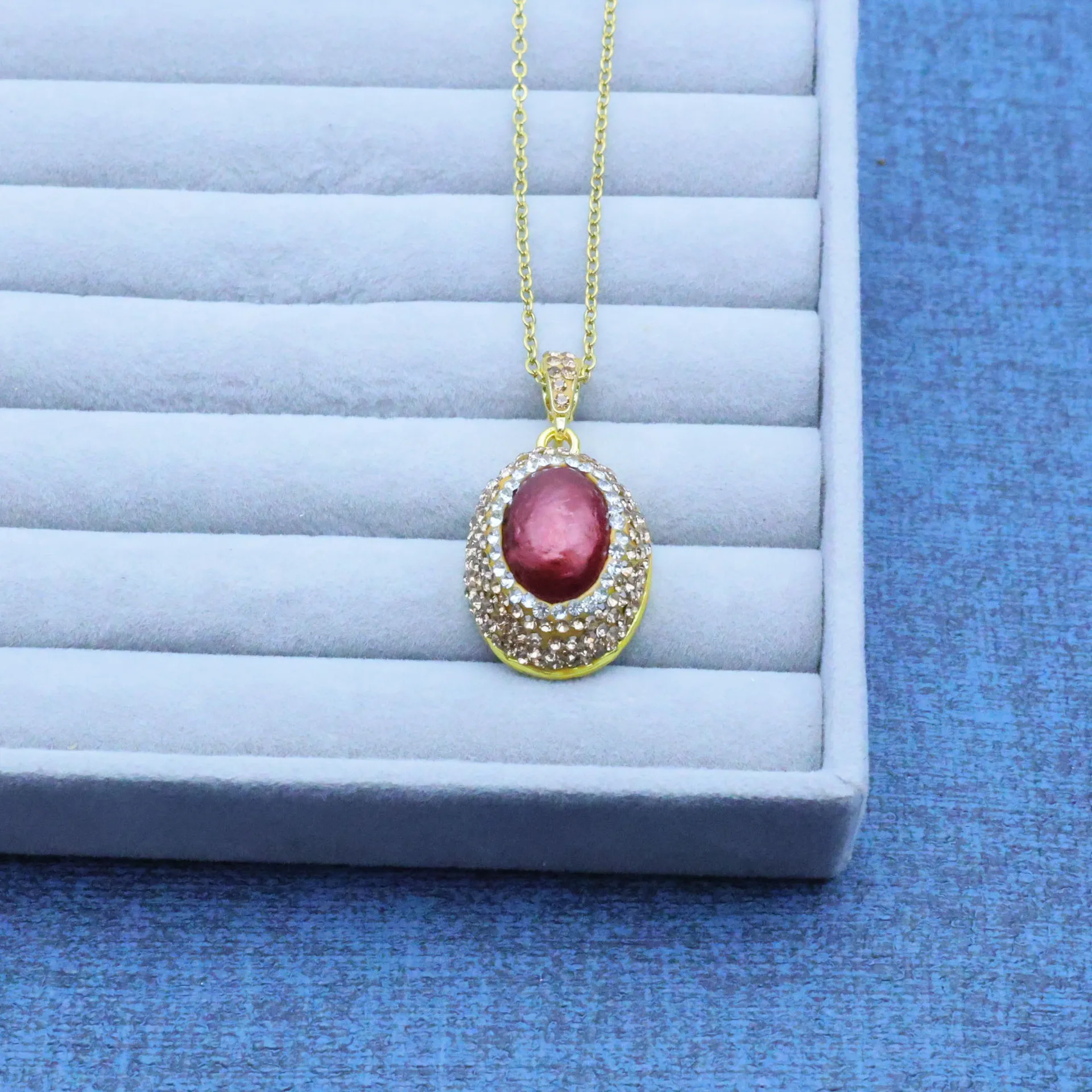 Cross-border new color oval glass crystal diamond ring necklace earrings retro light luxury handmade design jewelry