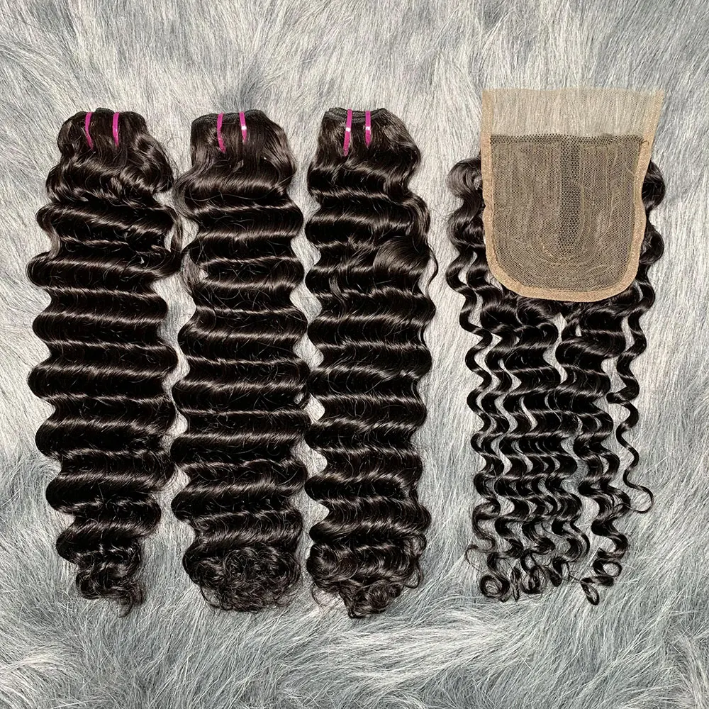 Water Wave Human Hair Bundles Curly Deep Wave 3 Bundles with Closure Brazilian Double Draw Human Hair Deep Curl 4x4 Lace Closure